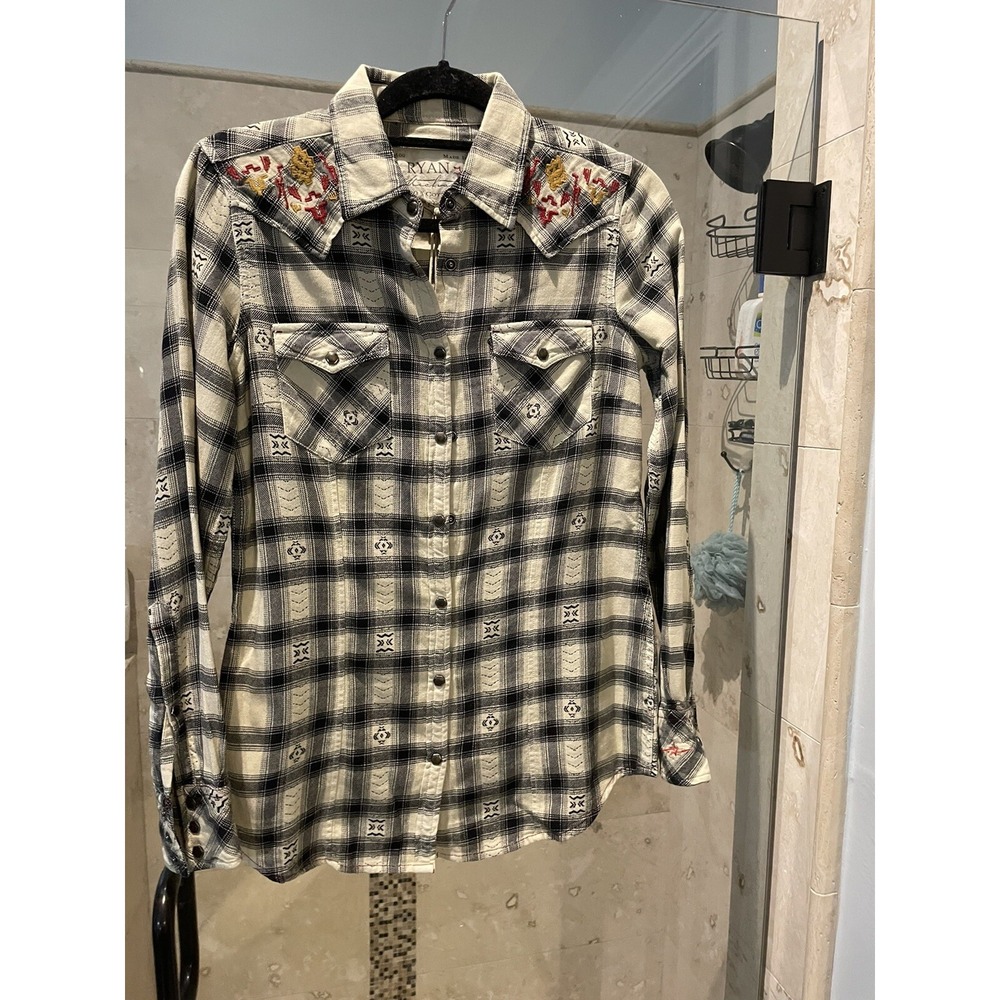 Ryan Michael Women White Black Western Embroidered Snap Front Plaid Blouse S NWT
